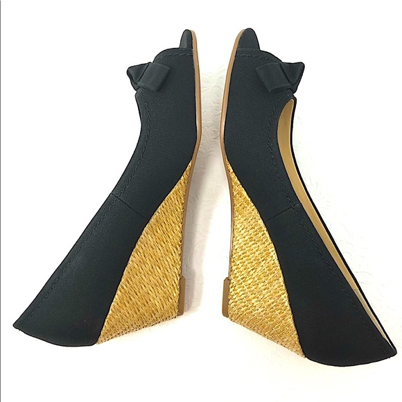Isaac Mizrahi Live! Black Canvas Peep Toe
Straw like Wedges Bow Detail  … - Picture 5 of 17